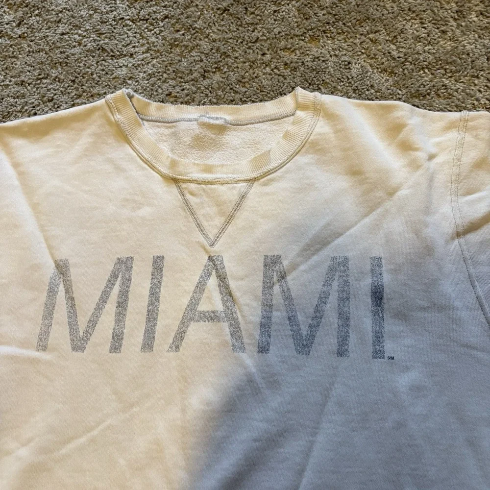 Vintage Y2K Champion Miami Cropped Distressed Crewneck‎ Men's Large Boxy Cream - Picture 6 of 9